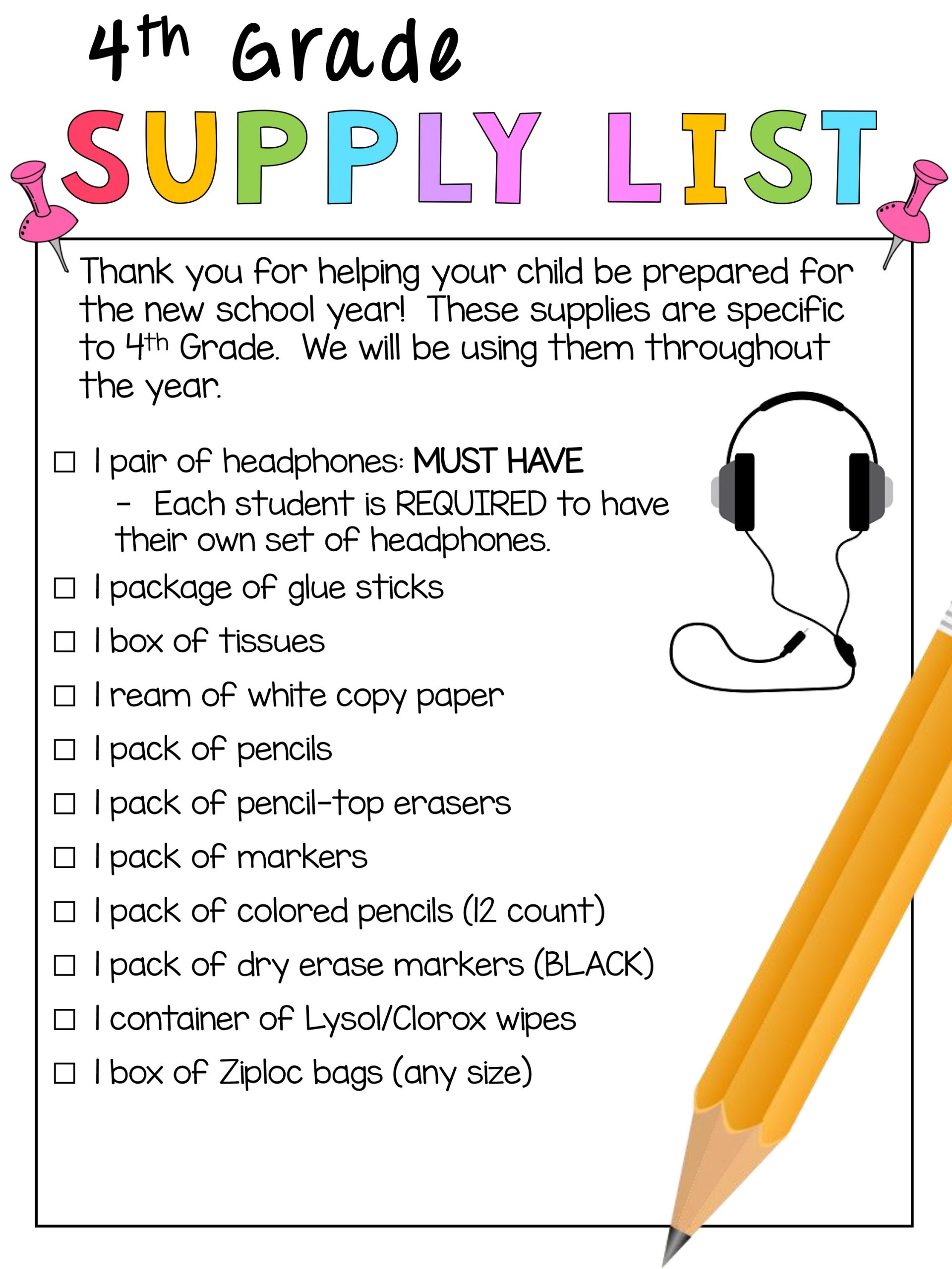 Fourth grade school supply list